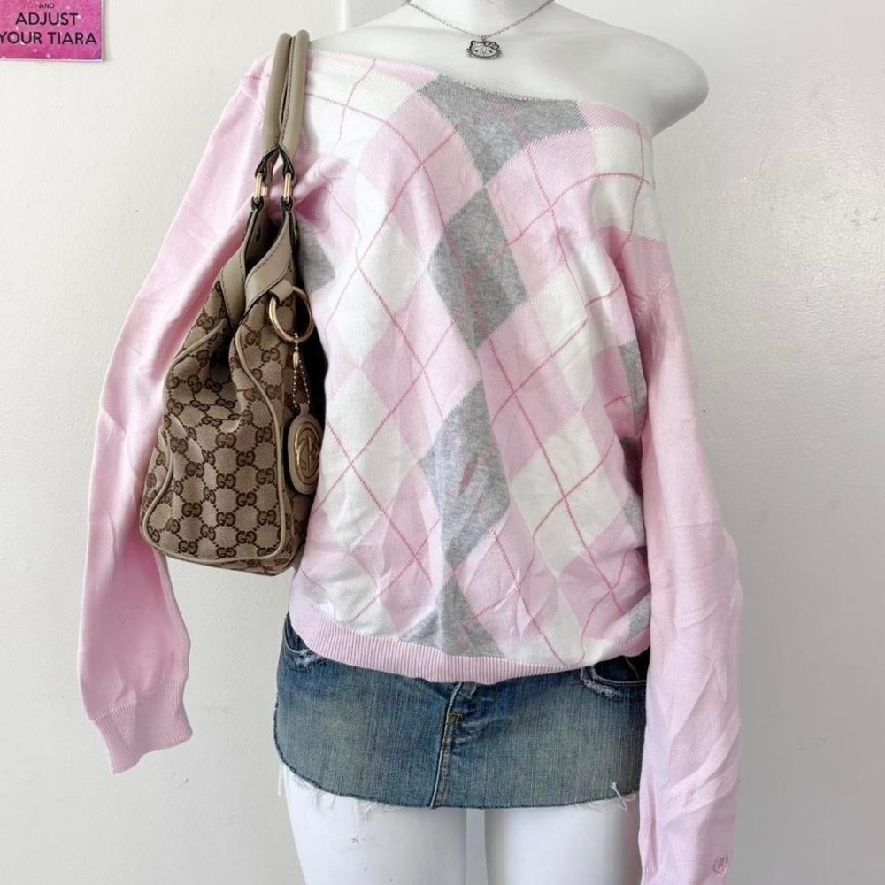 Off-the-Shoulder Pink Argyle Sweater
